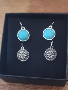 Turquoise & Silver Disc Dangle Earrings (Both)
